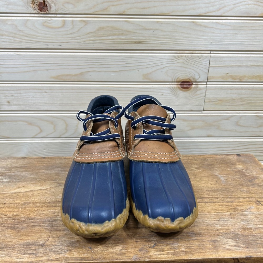 LL Bean Maine Hunting Shoe Womens 8 Blue Tan Leather Low Duck Boots Made in USA